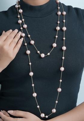 18K Gold Plated Waterproof Anti Tarnish Layered Pink Pearl Long Necklace
