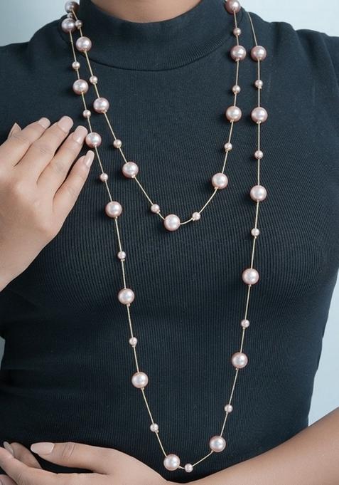 18K Gold Plated Waterproof Anti Tarnish Layered Pink Pearl Long Necklace