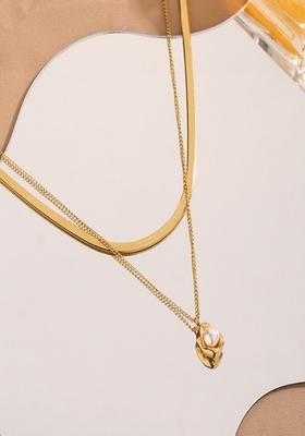 18K Gold Plated Stainless Steel Antitarnish Pearl Pendant Layered Necklace