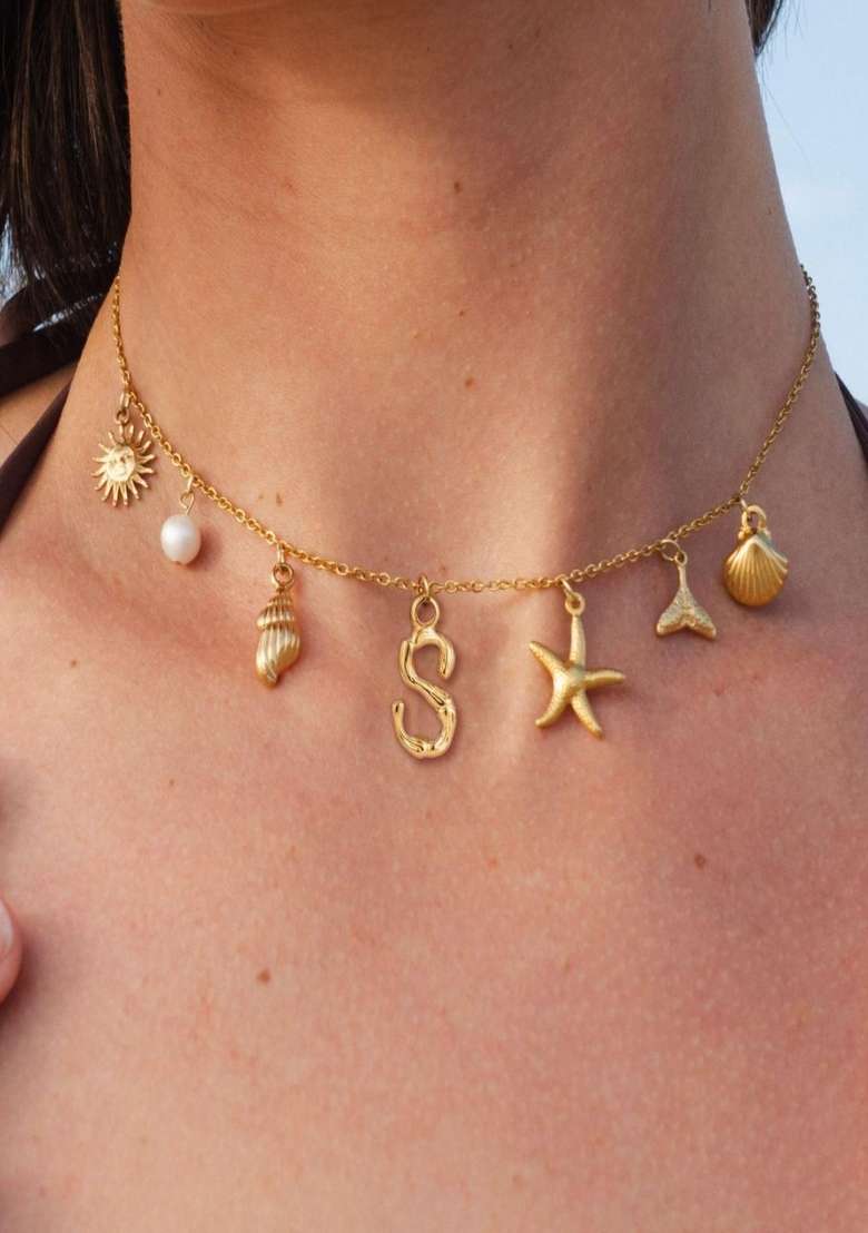 18K Gold Plated Waterproof Anti Tarnish Initial Letter S Sea Charm Necklace - Indya