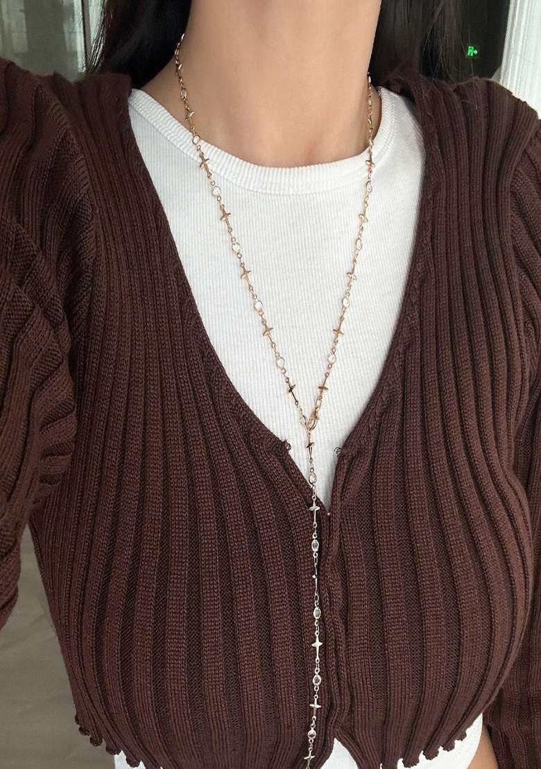 Gold Plated Cross And Stone Body Chain And Y Shaped Lariat Type Long Necklace - Indya