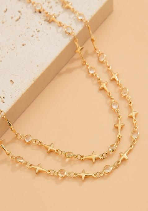 Gold Plated Cross And Stone Body Chain And Y Shaped Lariat Type Long Necklace