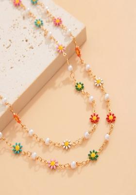 Gold Plated Multicolor Floral Pearl Body Chain And Y Shaped Lariat Long Necklace