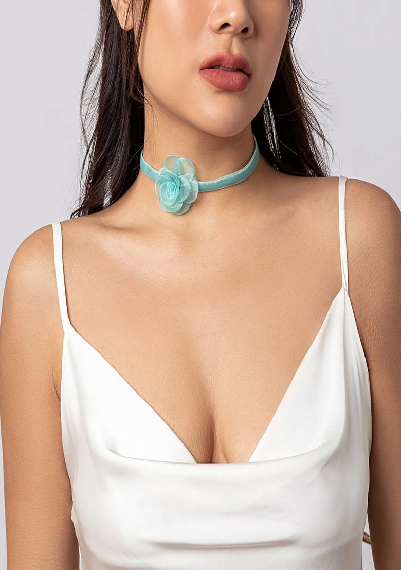 Blue Mesh Floral Wrap Around String Choker Necklace - Indya