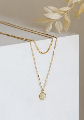 18K Gold Plated Waterproof Anti Tarnish Layered Round Opal Pendant Chain