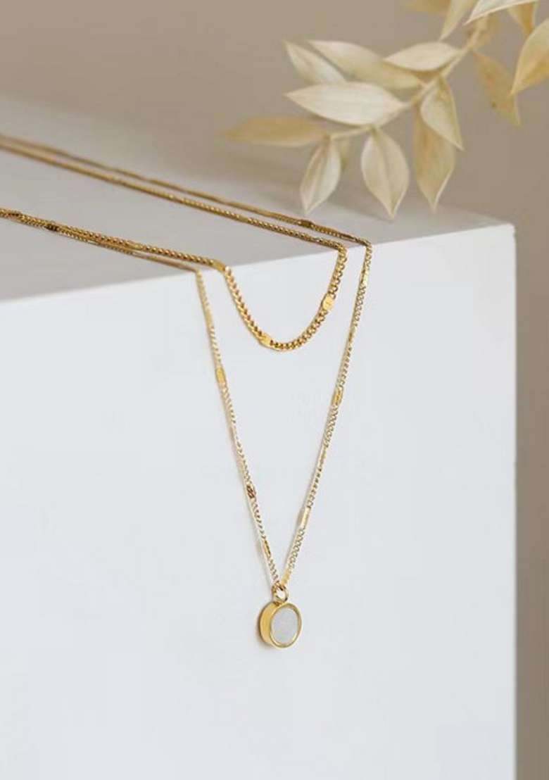 18K Gold Plated Waterproof Anti Tarnish Layered Round Opal Pendant Chain - Indya