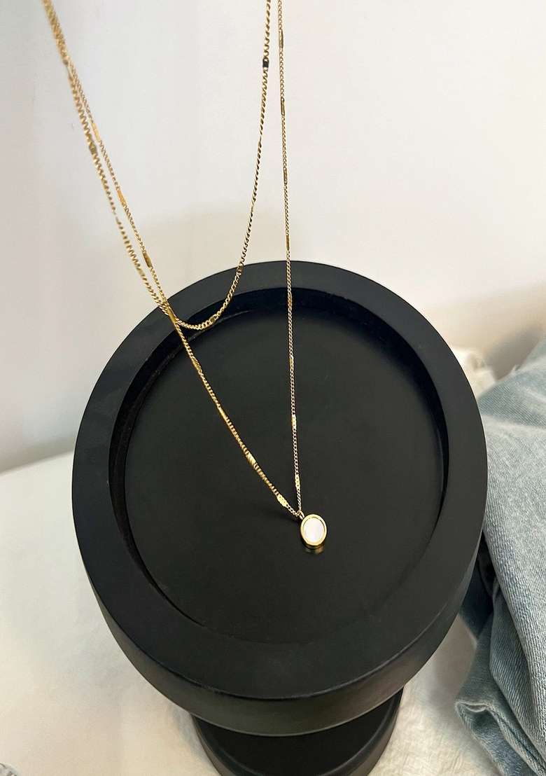 18K Gold Plated Waterproof Anti Tarnish Layered Round Opal Pendant Chain - Indya