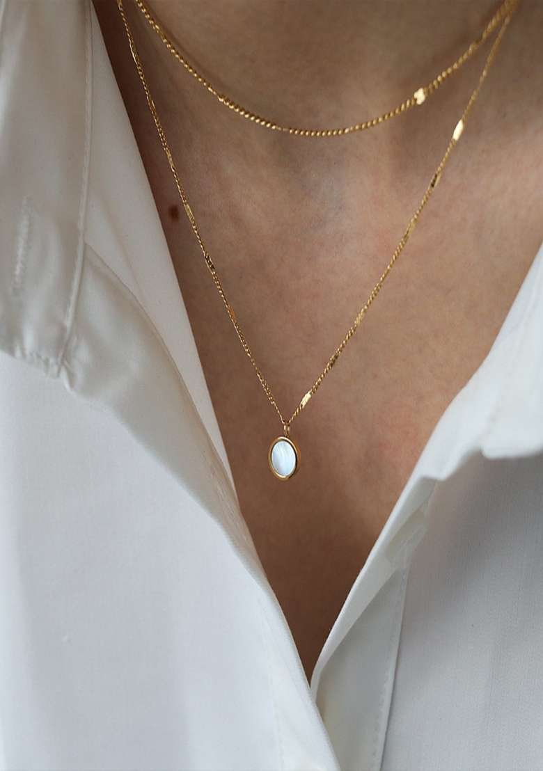 18K Gold Plated Waterproof Anti Tarnish Layered Round Opal Pendant Chain - Indya