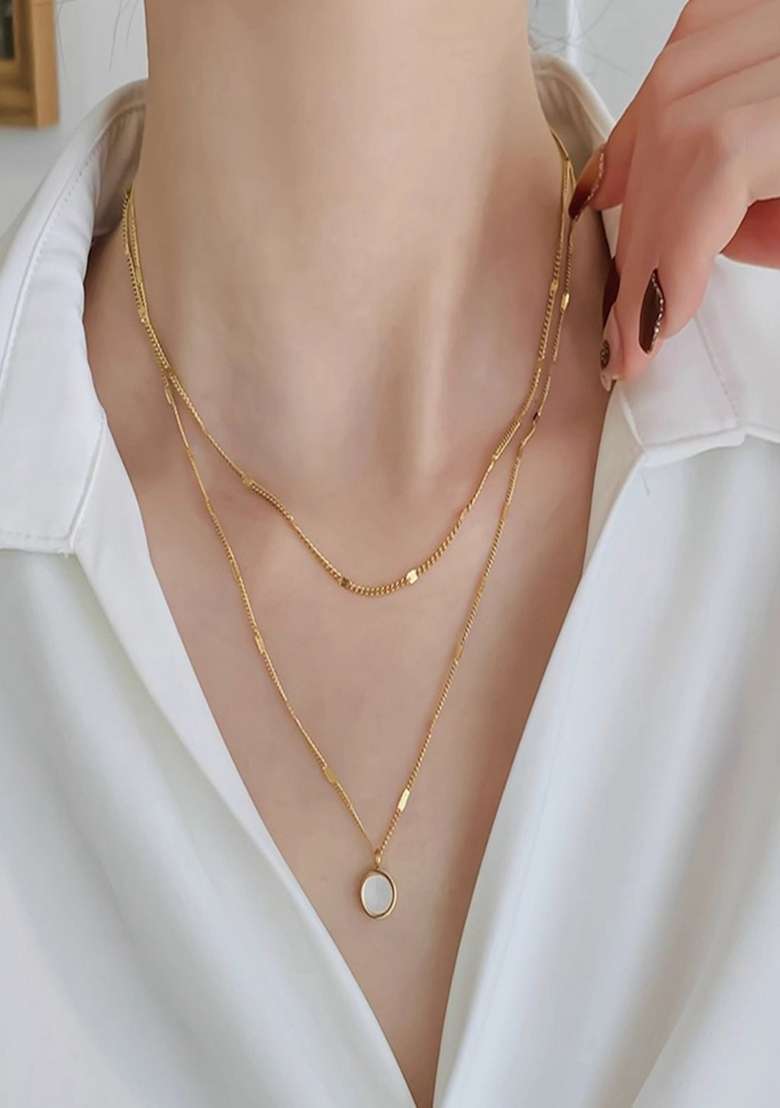 18K Gold Plated Waterproof Anti Tarnish Layered Round Opal Pendant Chain - Indya