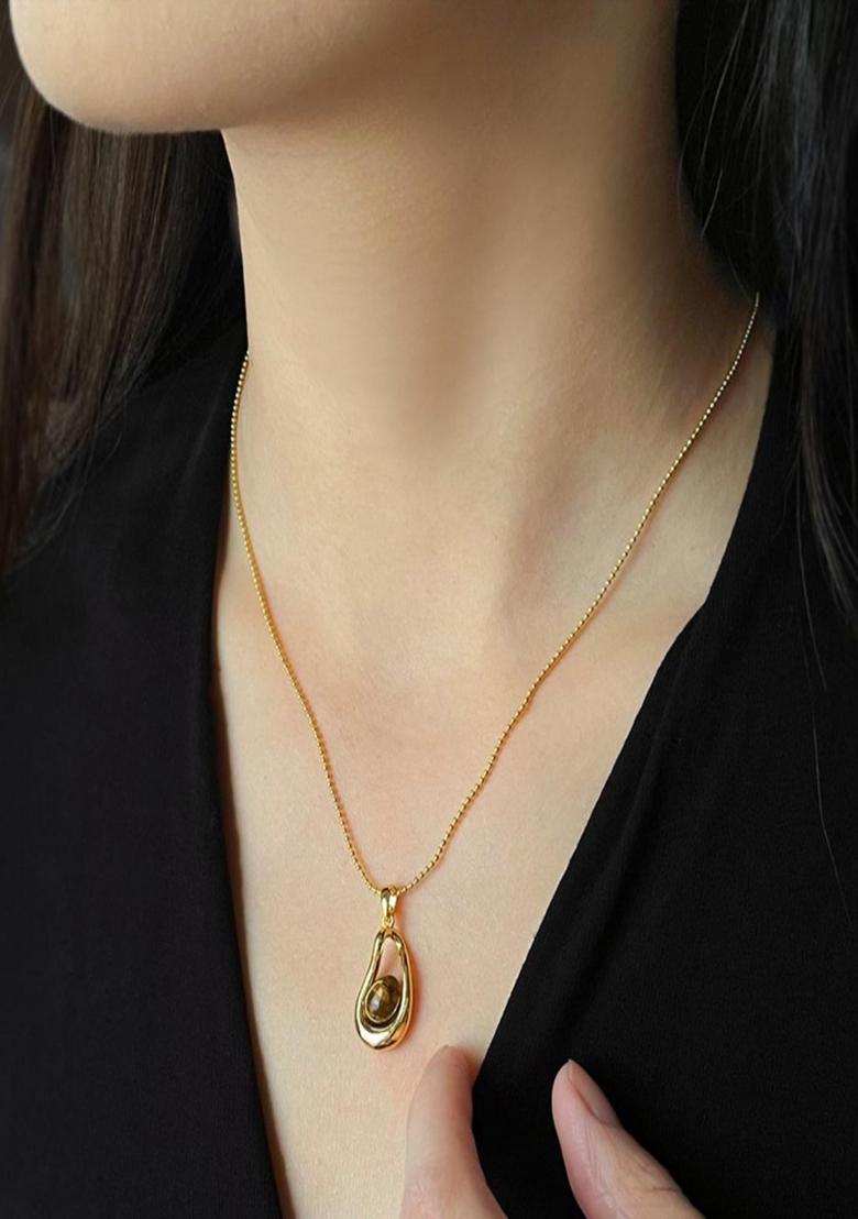 18K Gold Plated Waterproof Antitarnish Tiger  Eye Oval Pendant Necklace - Indya