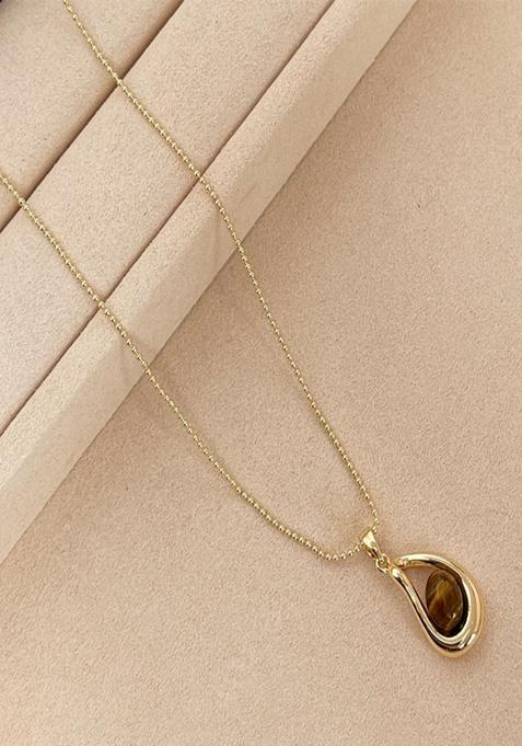 18K Gold Plated Waterproof Antitarnish Tiger  Eye Oval Pendant Necklace