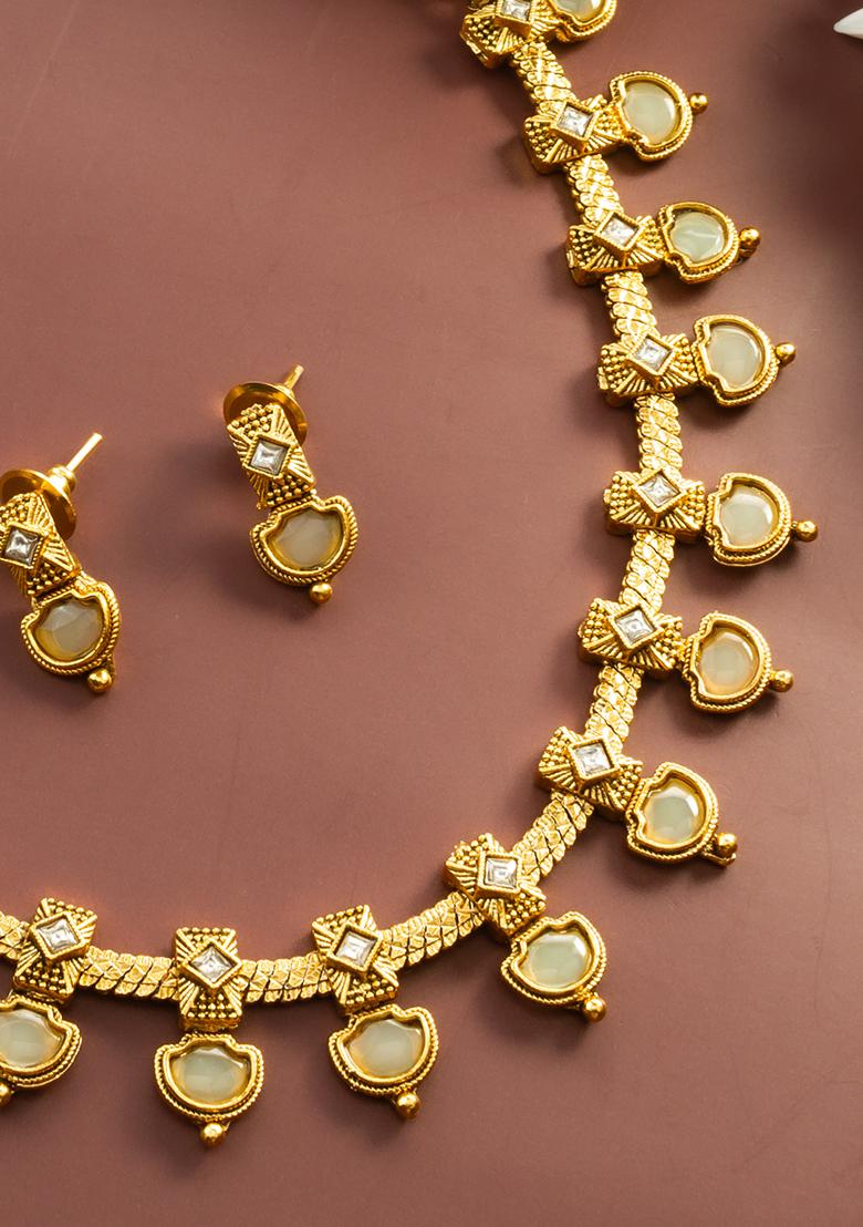 Golden Gold Artificial Stone Necklace - Indya