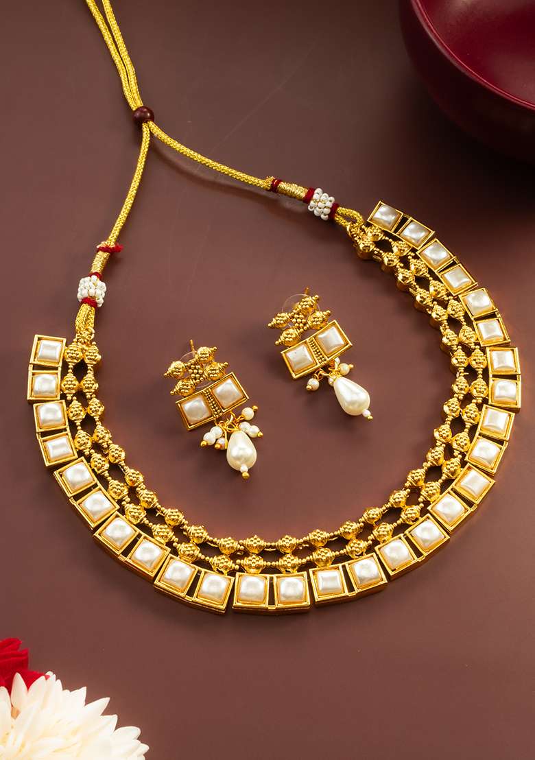White Gold Artificial Stone Necklace - Indya