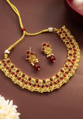 Deep Red Ruby Gold Artificial Stone Necklace
