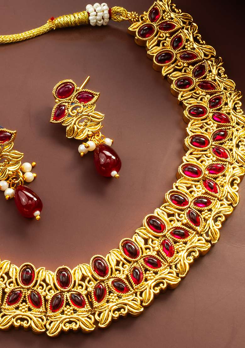 Deep Red Ruby Gold Artificial Stone Necklace - Indya