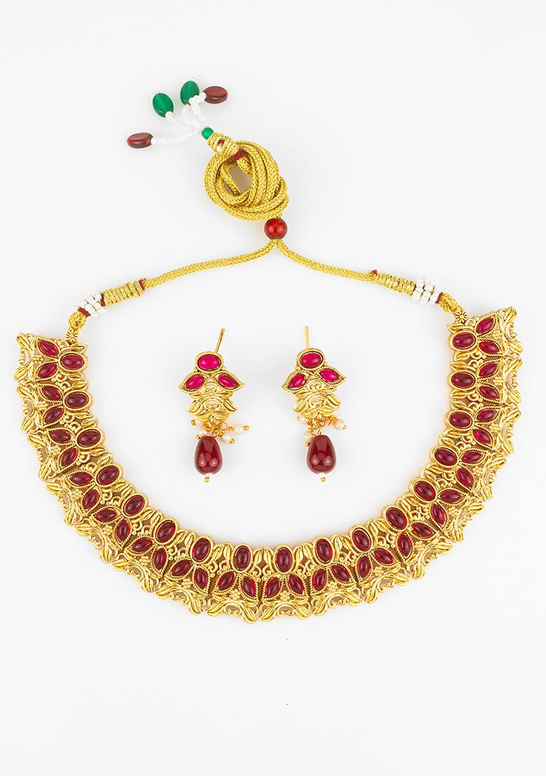 Deep Red Ruby Gold Artificial Stone Necklace - Indya