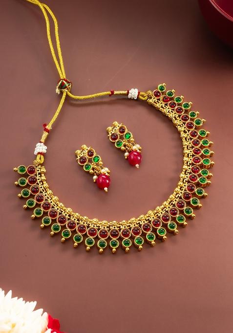 Red And Green Gold Artificial Stone Necklace