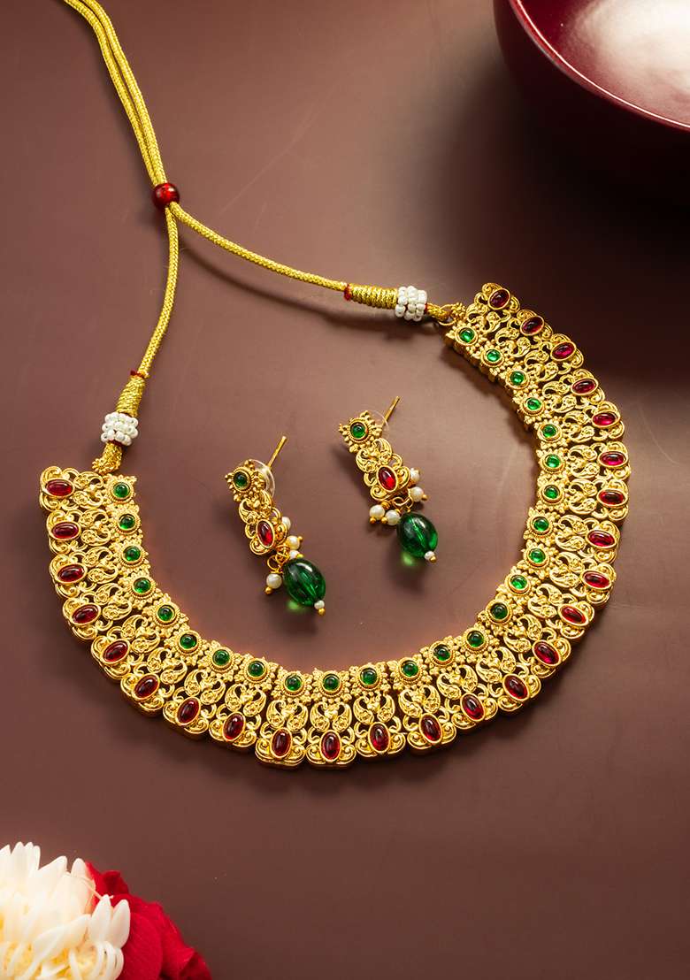 Red And Green Gold Artificial Stone Necklace - Indya