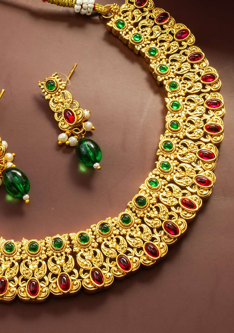 Red And Green Gold Artificial Stone Necklace - Indya
