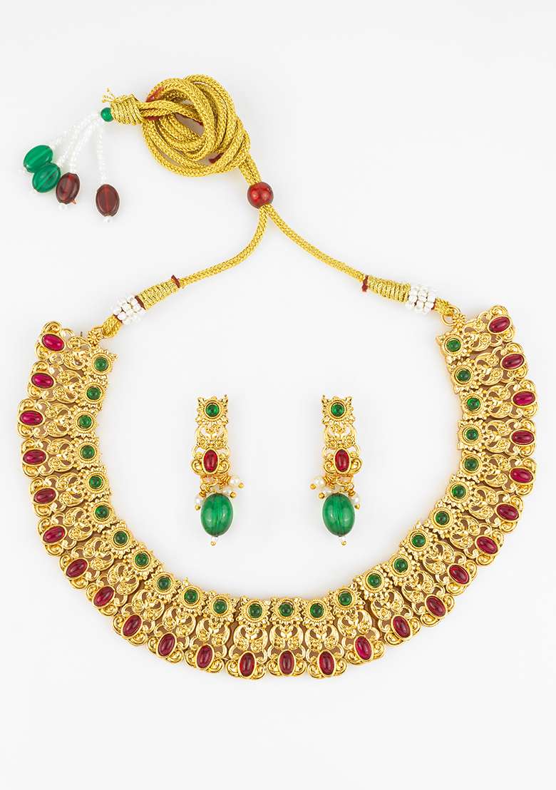 Red And Green Gold Artificial Stone Necklace - Indya