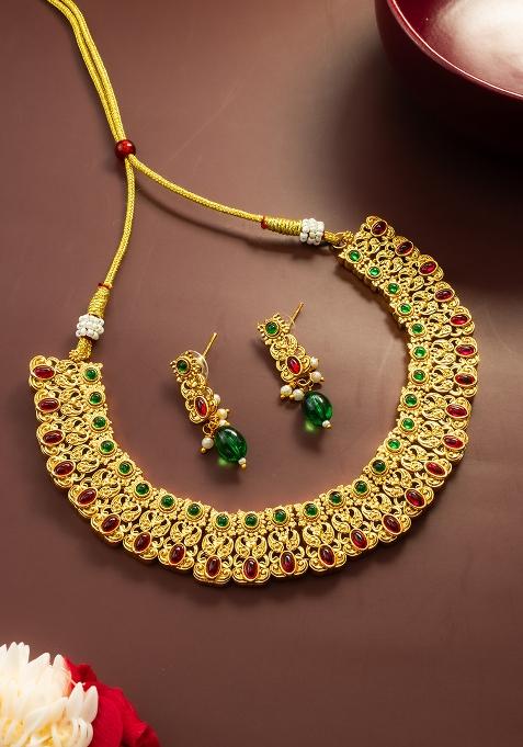 Red And Green Gold Artificial Stone Necklace