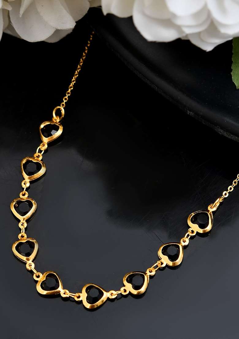Gold Plated Stainless Steel Black Hear Shaped Stone Chain - Indya