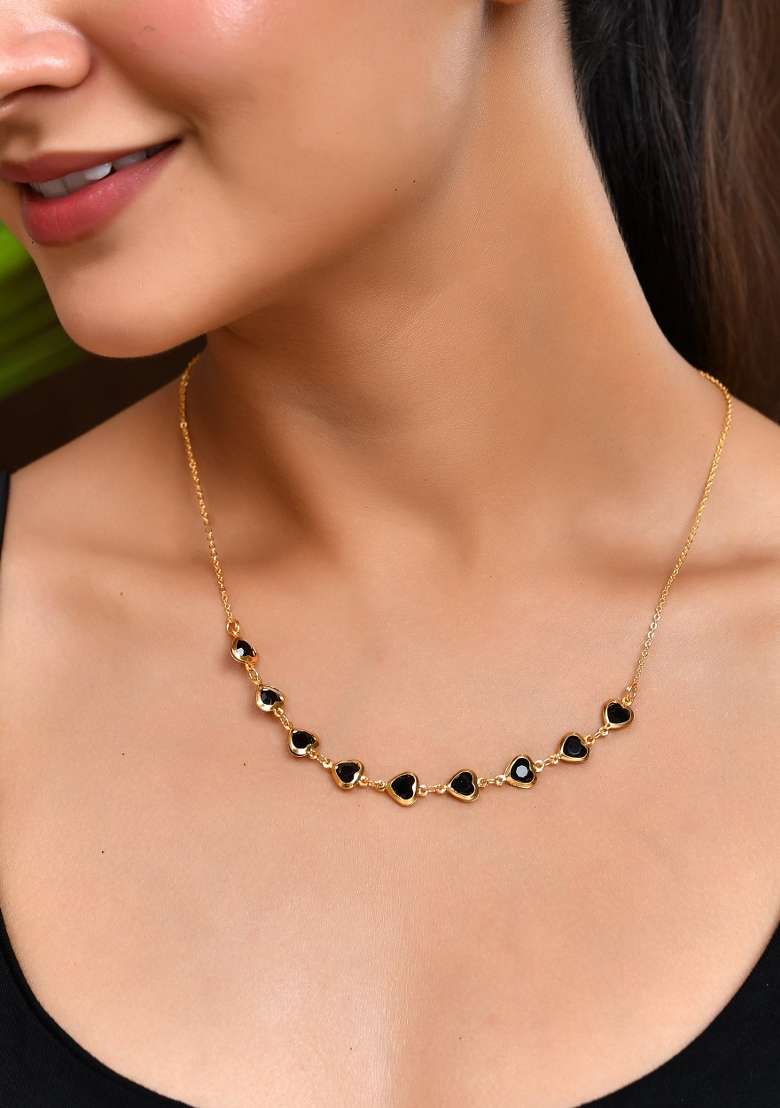 Gold Plated Stainless Steel Black Hear Shaped Stone Chain - Indya
