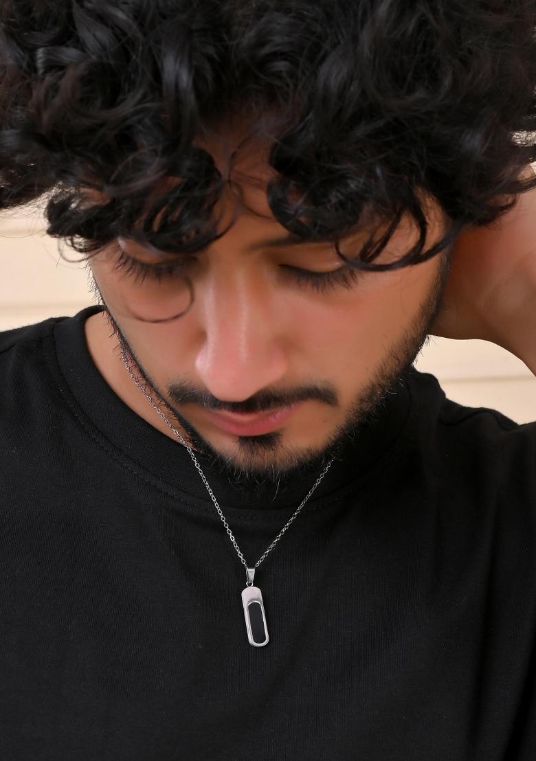 Men Silver Plated Minimal Chain With Slab Pendant