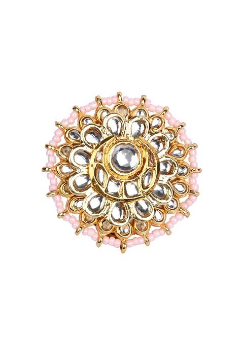 Gold Tone Kundan Embellished Pearl Bead Adjustable Ring