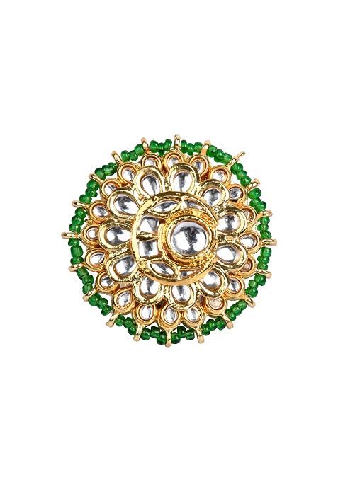 Green Gold Tone Kundan Pearl Bead Adjustable Ring