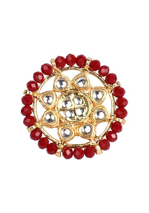 Red Bead Adjustable Kundan Ring