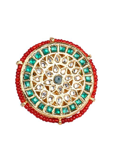 Green Bead Gold Tone Adjustable Kundan Ring