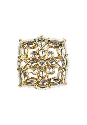 Green And White Gold Tone Kundan Pearl Adjustable Ring