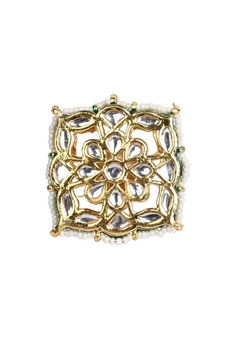 Green And White Gold Tone Kundan Pearl Adjustable Ring