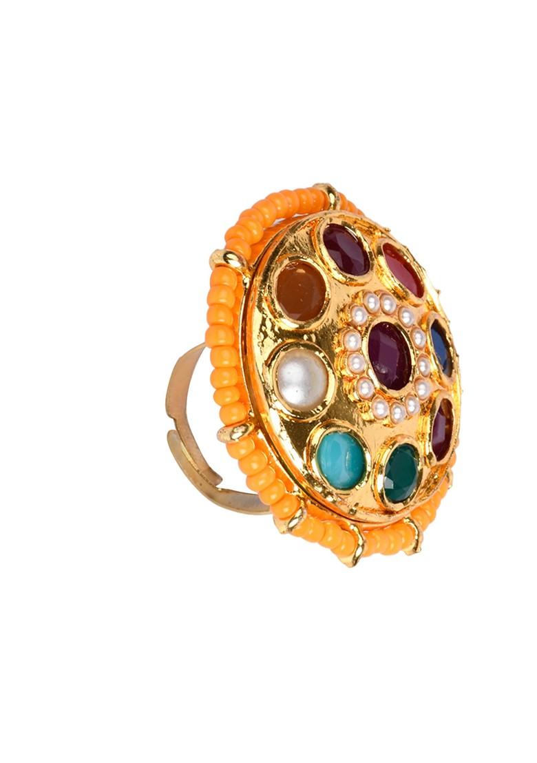 Orange Gold Tone Kundan Navratan Adjustable Ring - Indya
