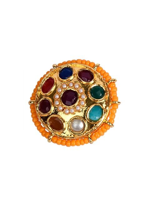 Orange Gold Tone Kundan Navratan Adjustable Ring