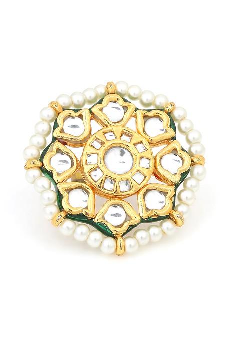 White Gold Tone Kundan Pearl Bead Adjustable Ring