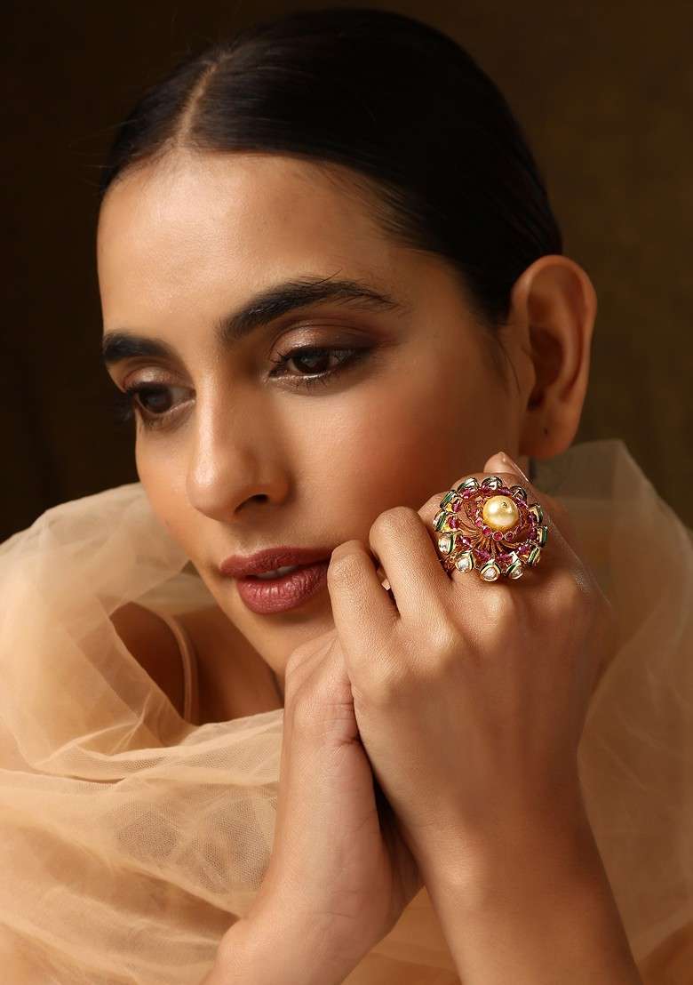 Red Gold Tone Kundan Ring - Indya