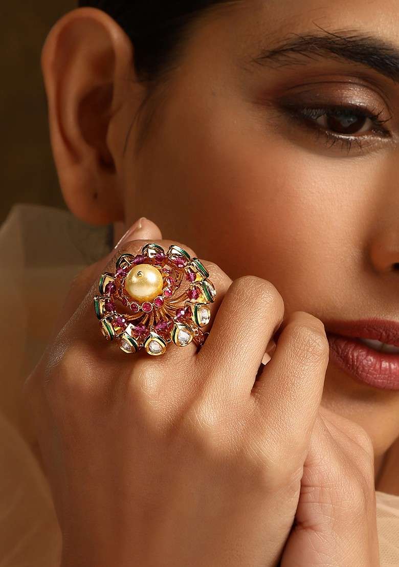 Red Gold Tone Kundan Ring - Indya