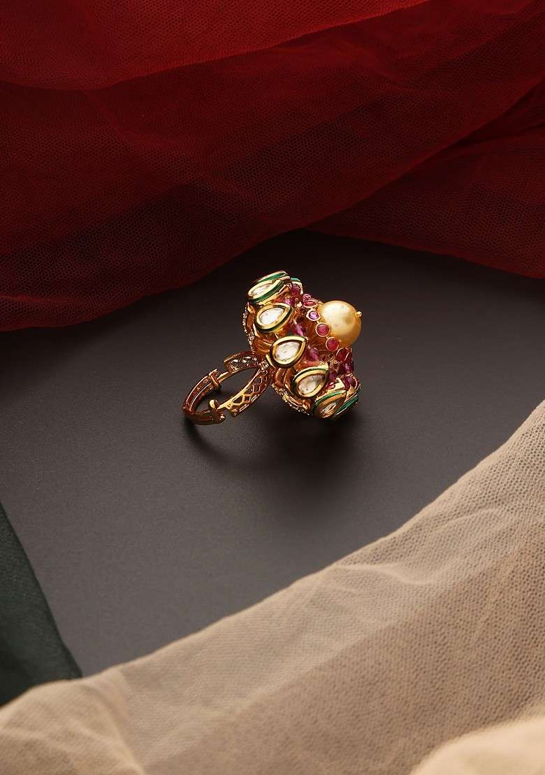 Red Gold Tone Kundan Ring - Indya