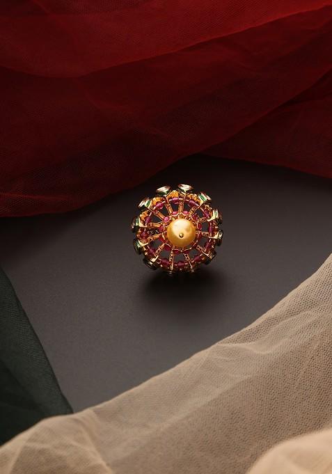 Red Gold Tone Kundan Ring