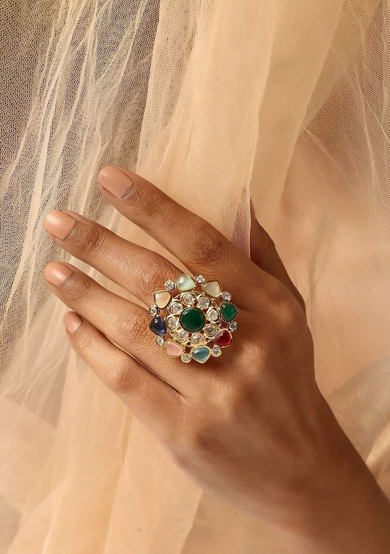 Multicolour Gold Tone Kundan Ring - Indya