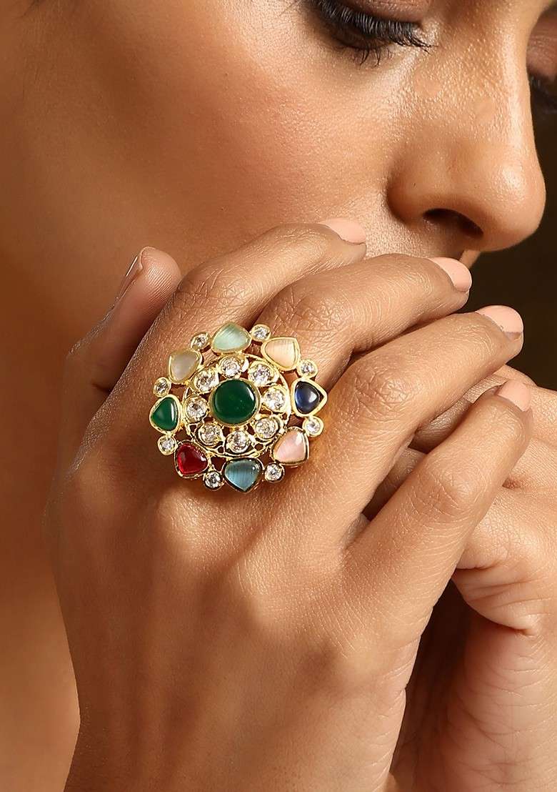 Multicolour Gold Tone Kundan Ring - Indya