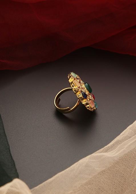 Multicolour Gold Tone Kundan Ring