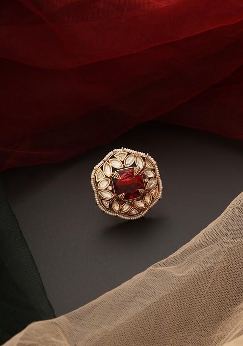 Red Gold Tone Polki Ring