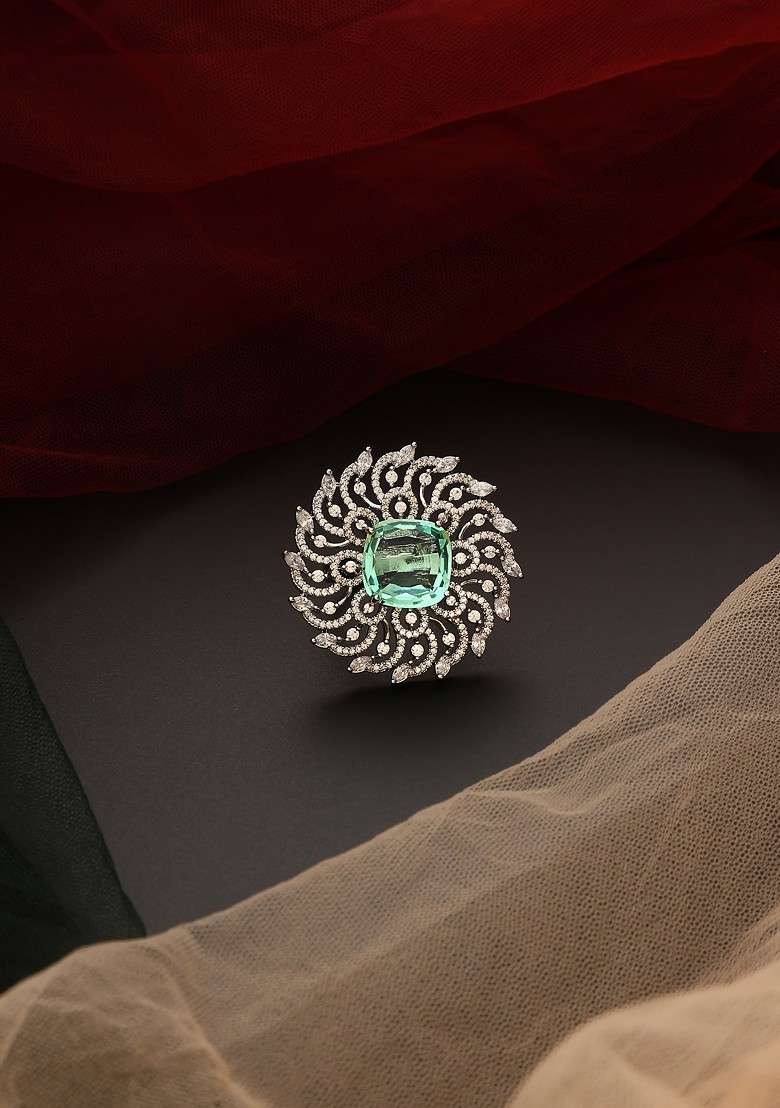 Emerald Silver Tone Zirconia Ring - Indya