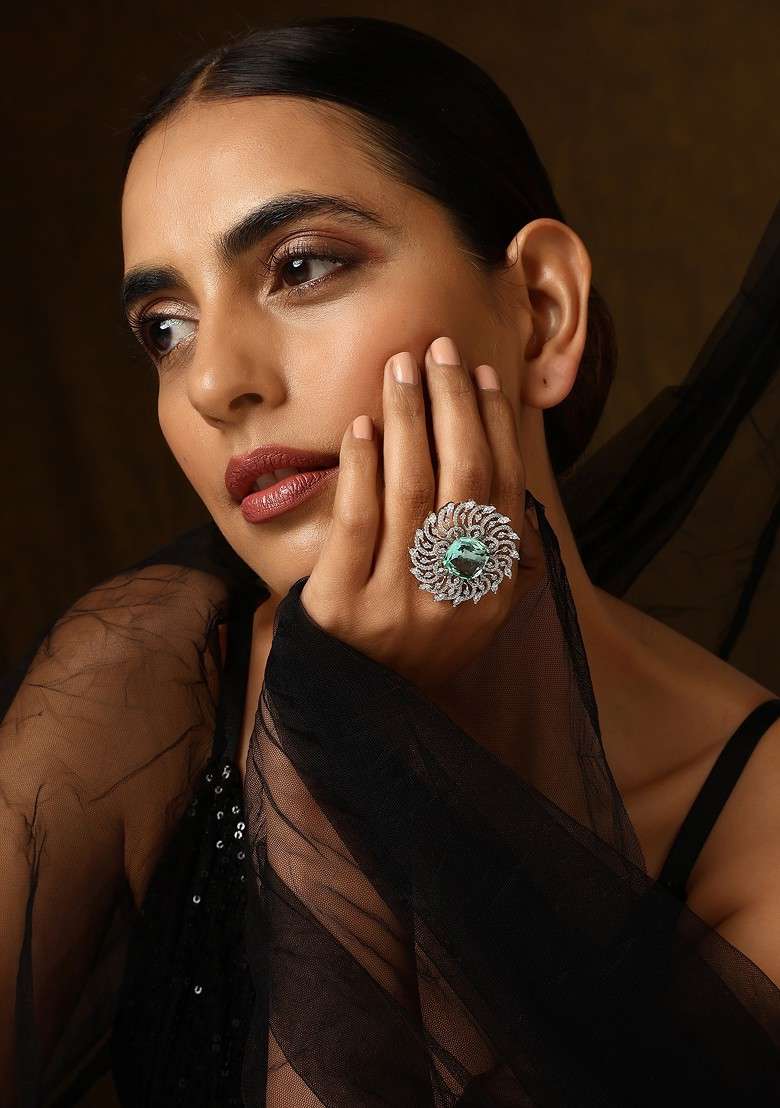 Emerald Silver Tone Zirconia Ring - Indya