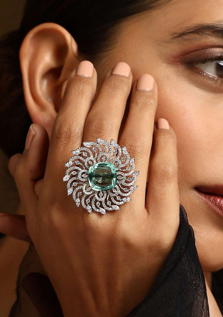 Emerald Silver Tone Zirconia Ring - Indya