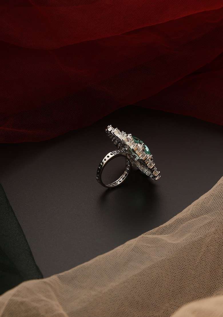 Emerald Silver Tone Zirconia Ring - Indya