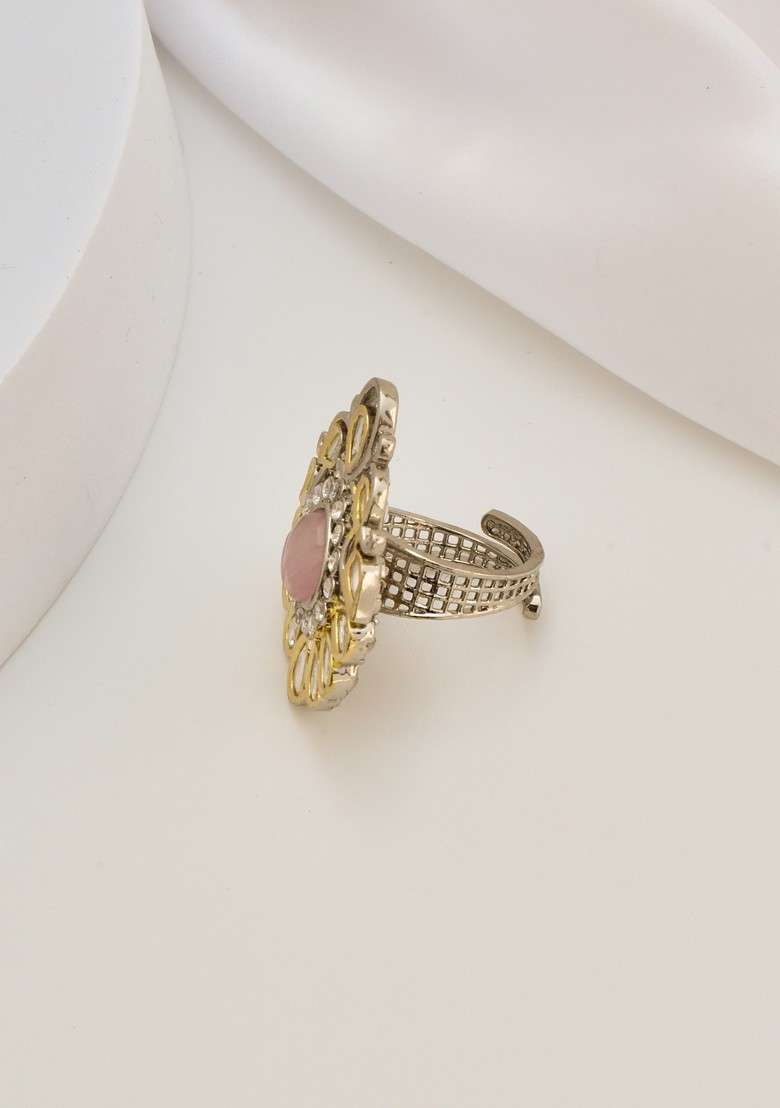 Pink Silver Tone Polki Ring - Indya